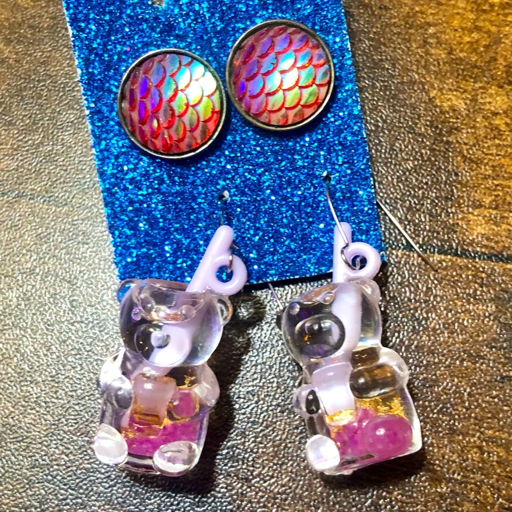 Mermaid Iridescent Multicolored Studs Boba Sippin’ Gummy Bear Drop Earrings Set